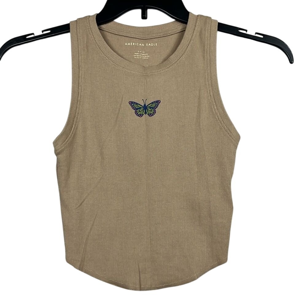 American Eagle Sleeveless Cropped Top Butterfly Graphic Womens Size Small Brown